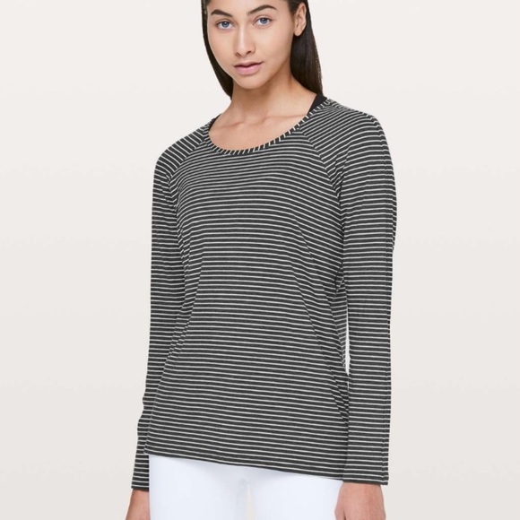 Lululemon Emerald Long Sleeve Modern Stripe Tee, Heathered Black/White, Size 6 - Picture 1 of 15